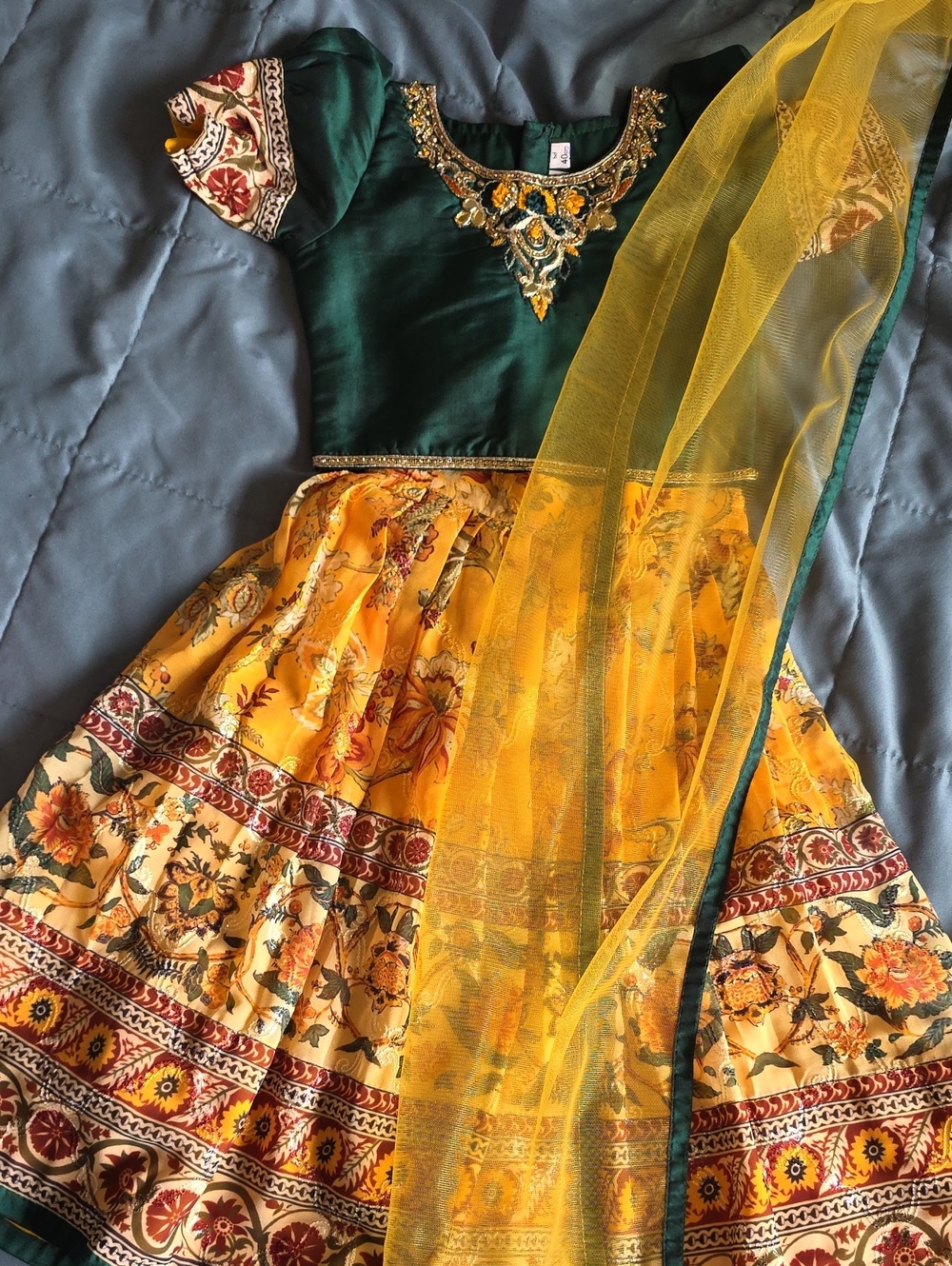 Emerald Green & Mustard Yellow Embroidered Lehenga Choli Set